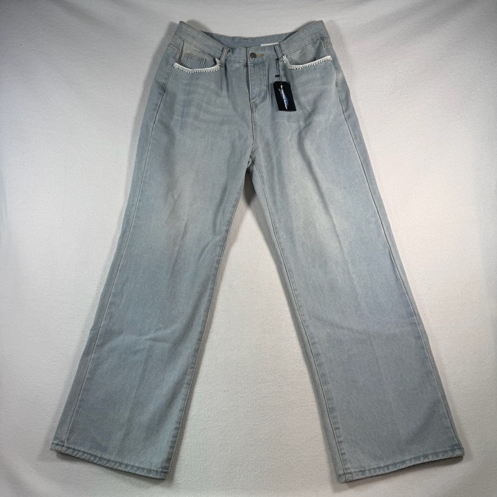 Highside Boutique Jeans Womens XL Blue Wide Leg High Rise Light Wash NWT